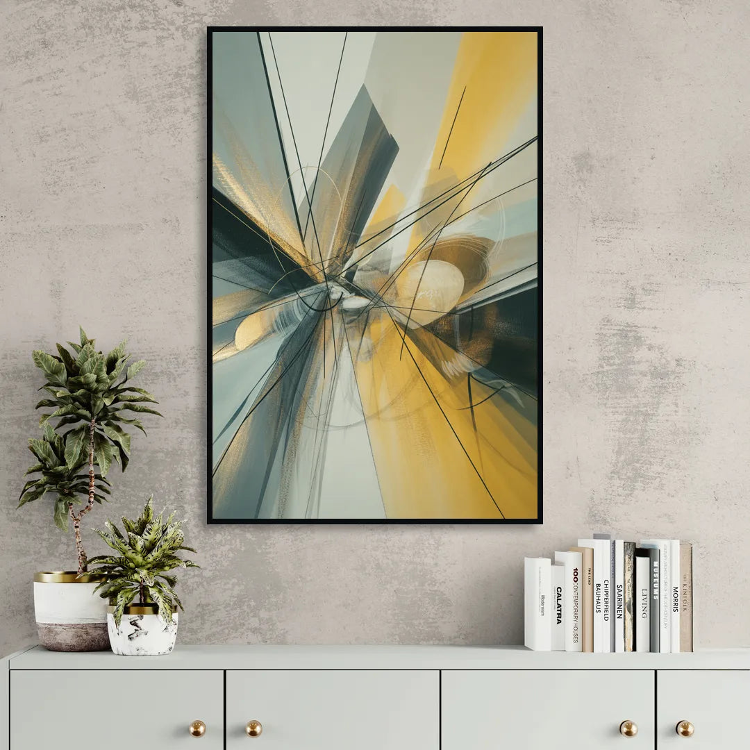 Elegant Fluidity Yellow and Grey Abstract Sitting Room - Black Canvas Wall Art