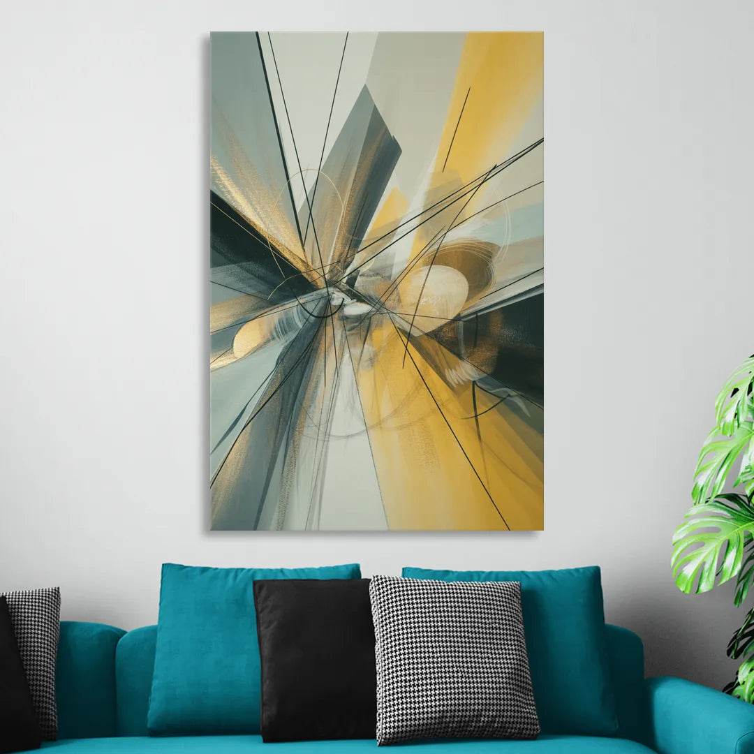 Elegant Fluidity Yellow and Grey Abstract Sitting Room - Canvas Wall Art
