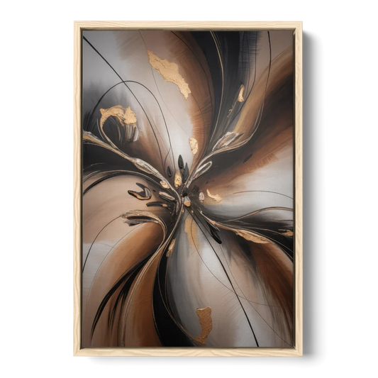 Elegant Fluidity in Brown Abstract - Oak Framed Canvas Wall Art - Front