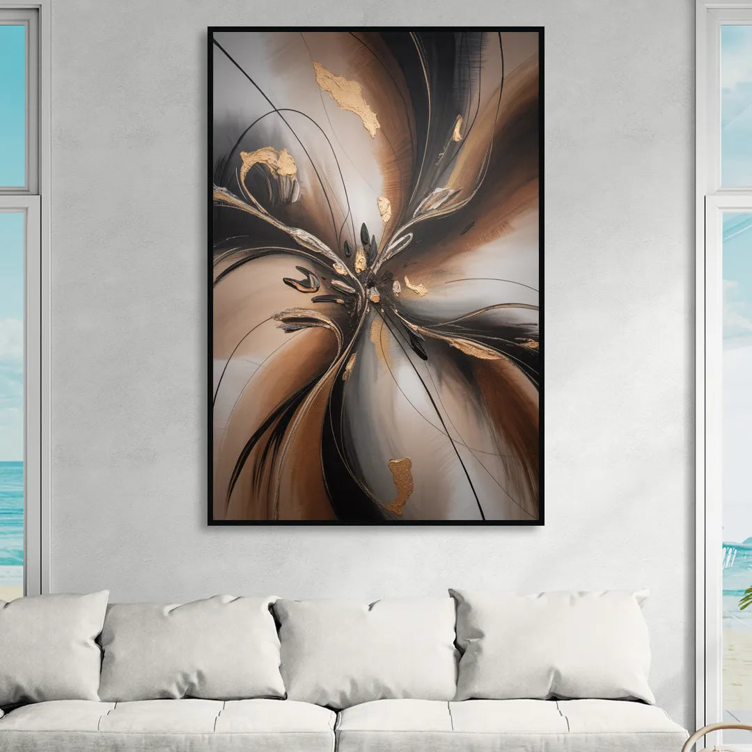 Elegant Fluidity in Brown Abstract Sitting Room - Black Canvas Wall Art