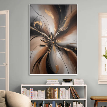 Elegant Fluidity in Brown Abstract Living Room - White Canvas Wall Art
