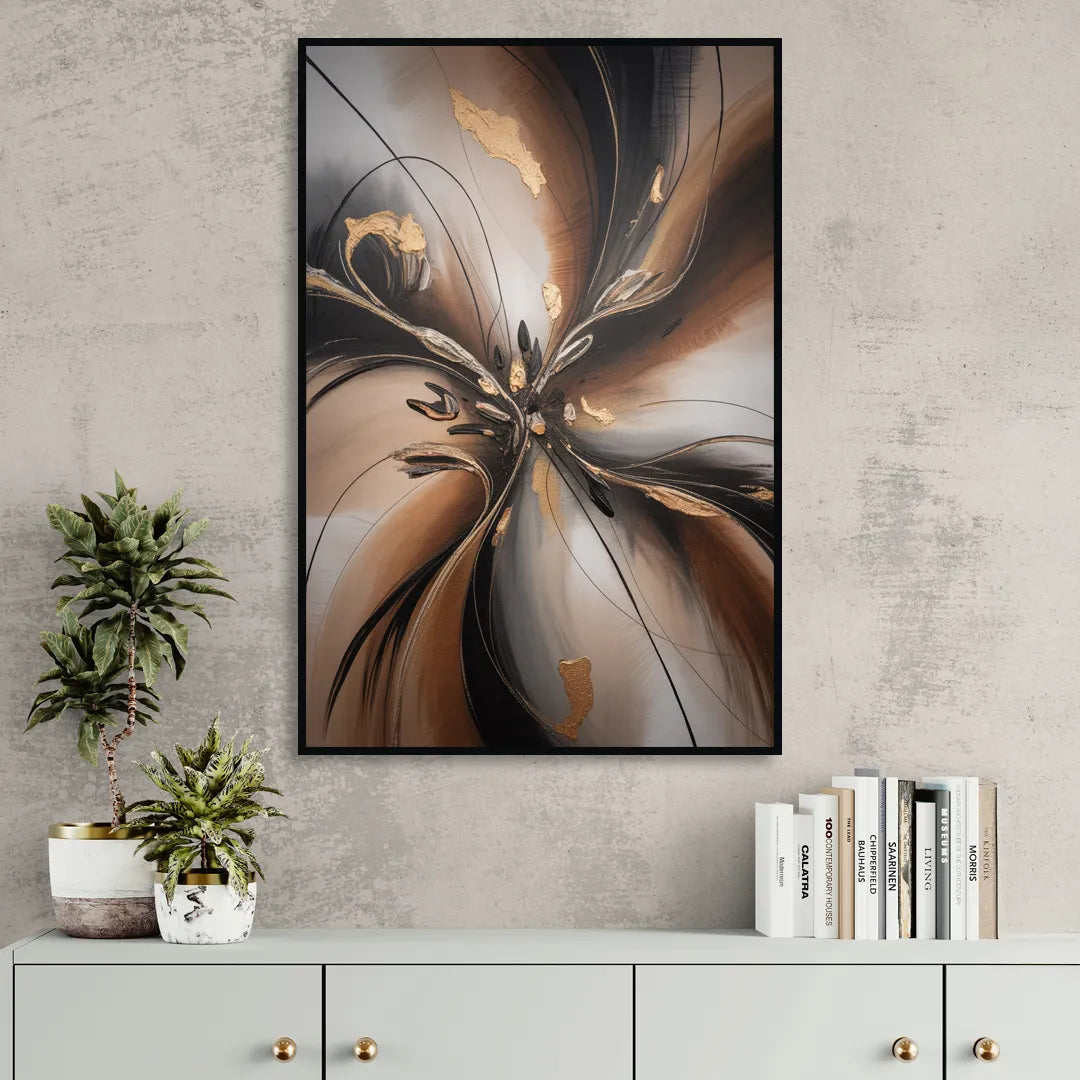 Elegant Fluidity in Brown Abstract Living Room - Black Canvas Wall Art
