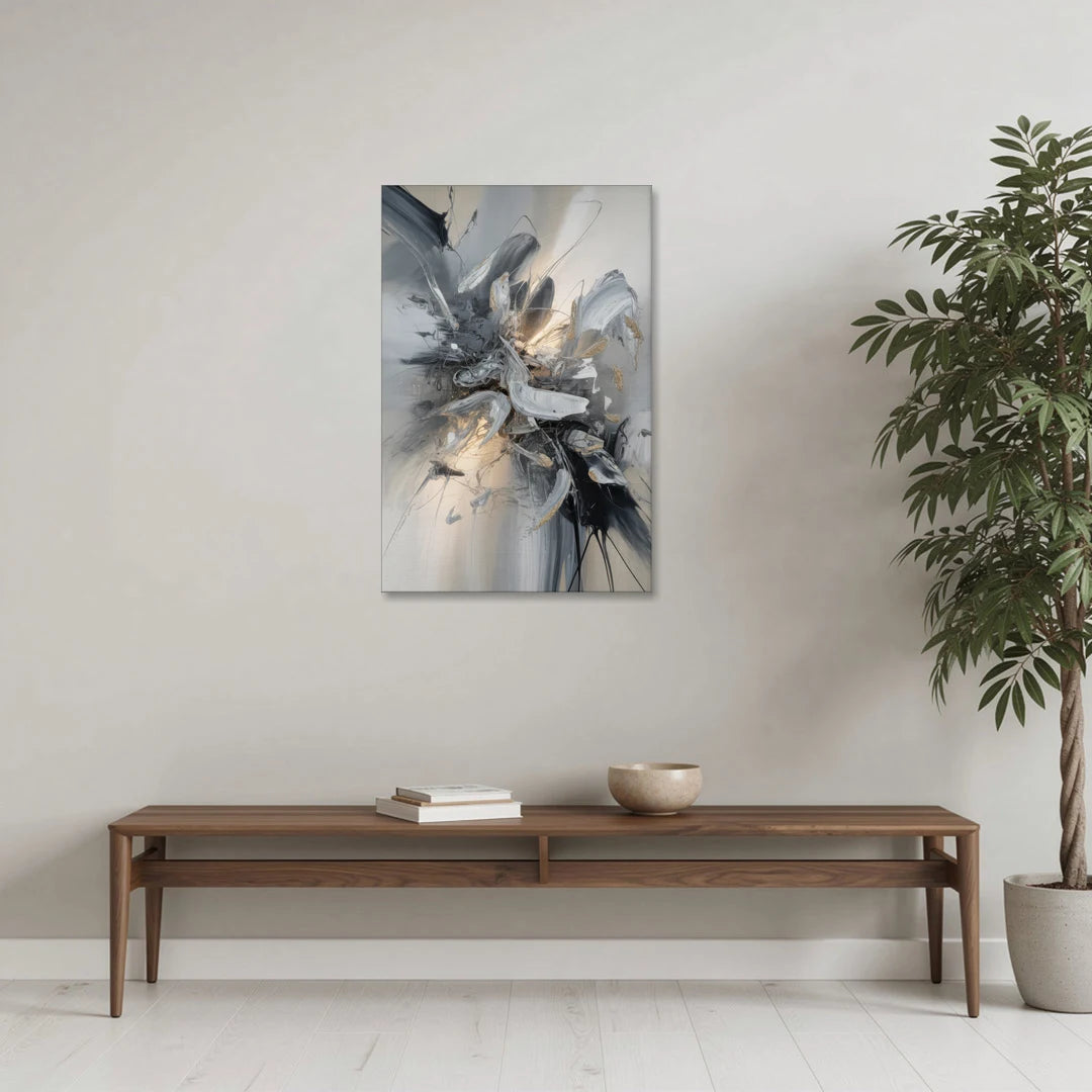Elegant Fluidity in Grey and Silver Abstract - Canvas Wall Art - Coffee Table - 24x36