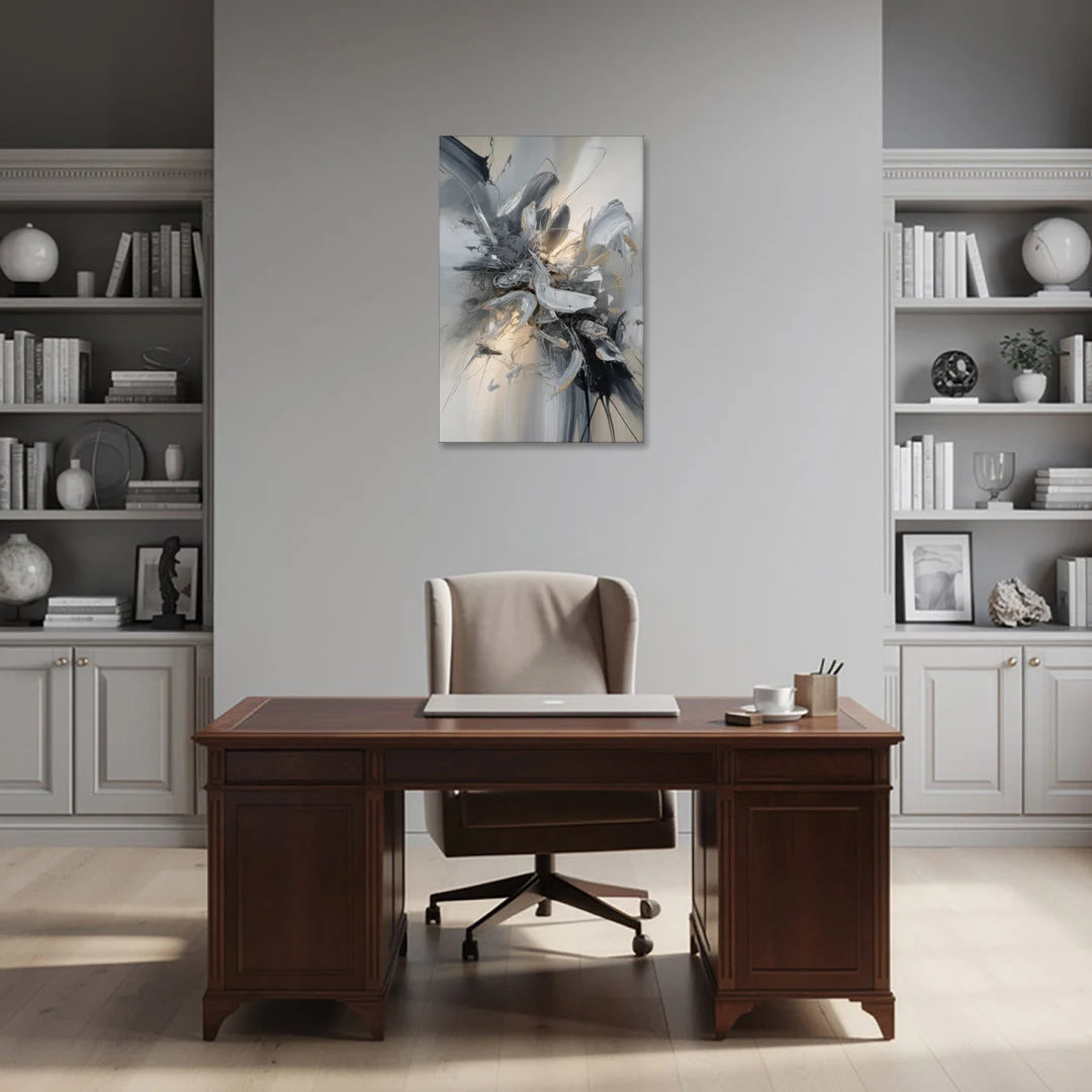 Elegant Fluidity in Grey and Silver Abstract - Canvas Wall Art - Office - 24x36