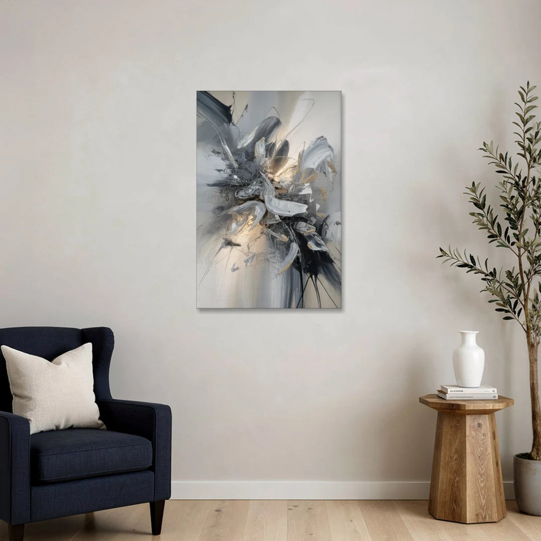 Elegant Fluidity in Grey and Silver Abstract - Canvas Wall Art - Sofa - 24x36