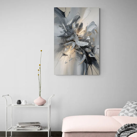 Elegant Fluidity in Grey and Silver Abstract - Canvas Wall Art Living Room