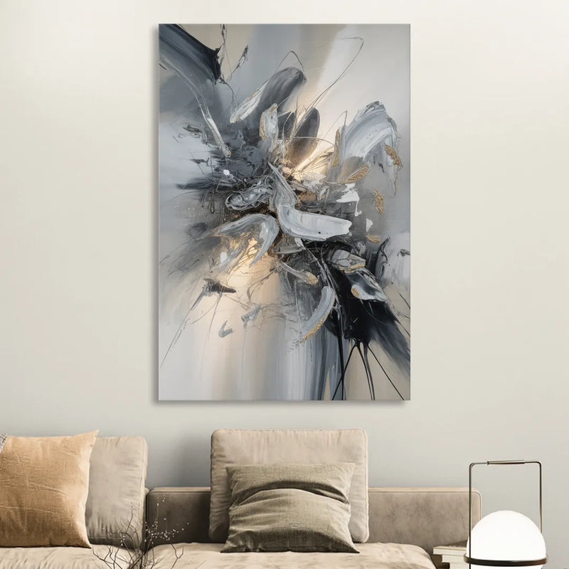 Elegant Fluidity in Grey and Silver Abstract Sitting Room - Canvas Wall Art