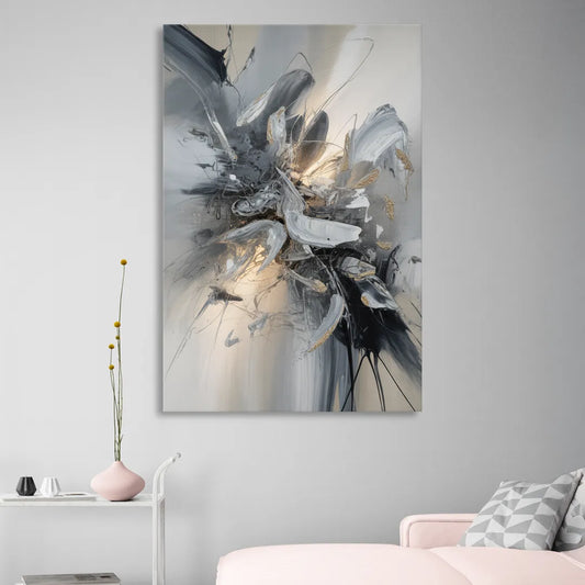 Elegant Fluidity in Grey and Silver Abstract Living Room - Canvas Wall Art