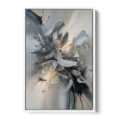 Elegant Fluidity in Grey and Silver Abstract - White Frame Canvas
