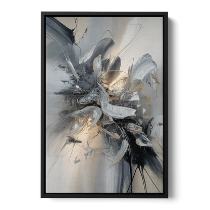 Elegant Fluidity in Grey and Silver Abstract - Black Frame Canvas