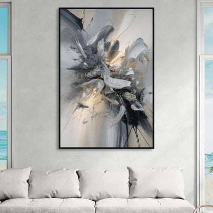 Elegant Fluidity in Grey and Silver Abstract Living Room - Black Canvas Wall Art