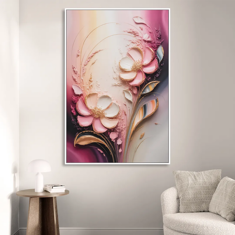 Elegant Fuchsia Blossoms Pink Abstract Living Room - White Canvas Wall Art