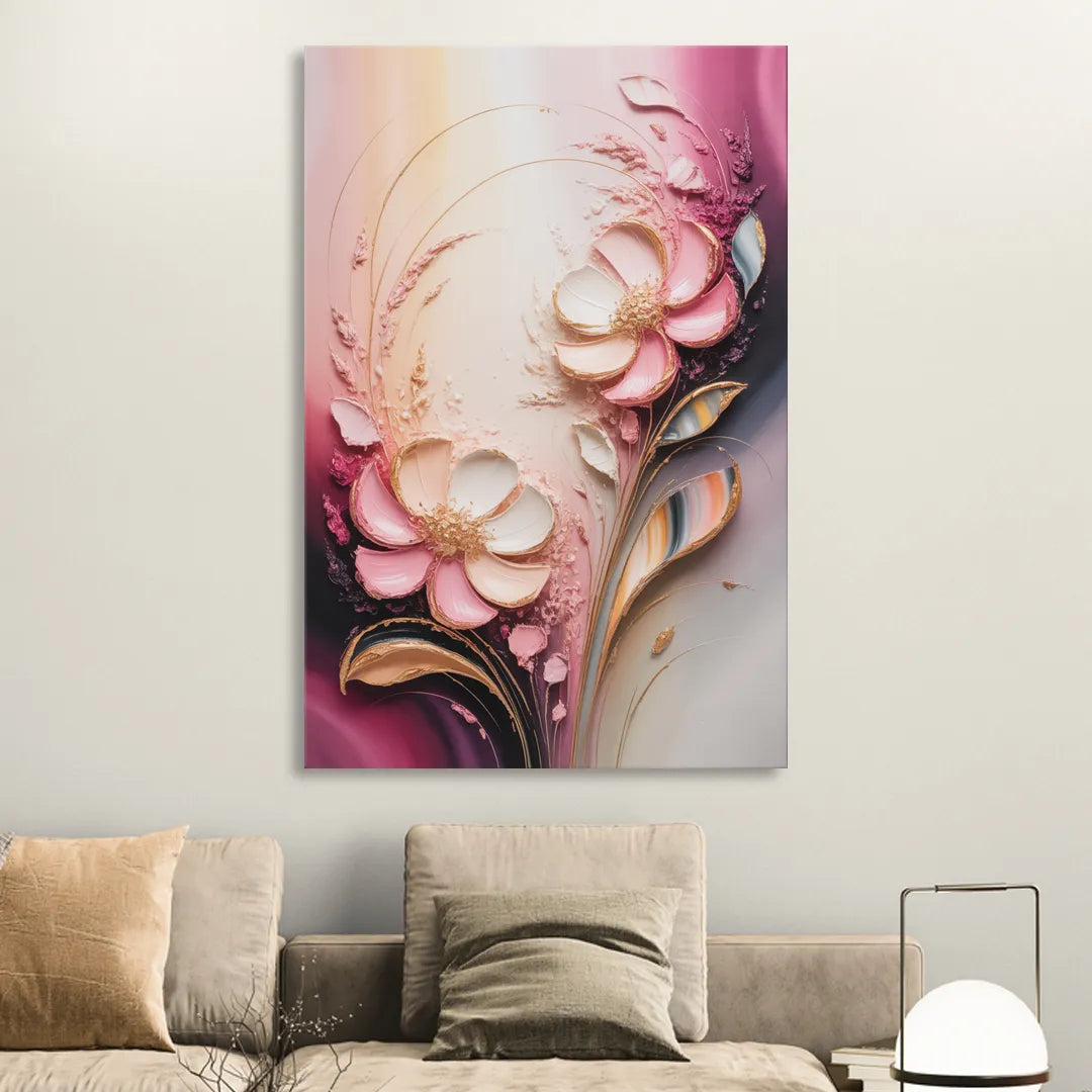 Elegant Fuchsia Blossoms Pink Abstract Living Room - Canvas Wall Art