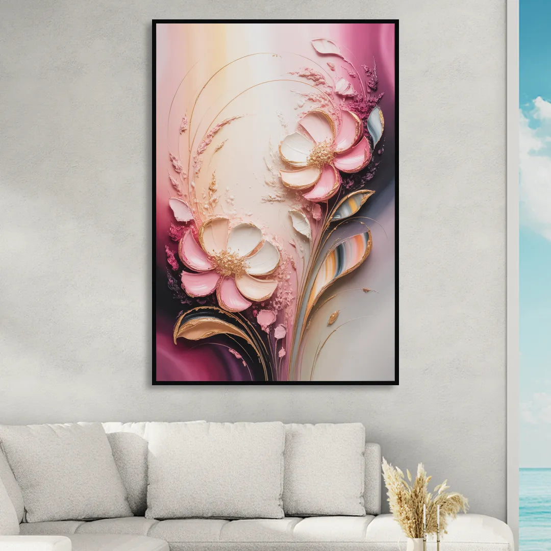 Elegant Fuchsia Blossoms Pink Abstract Sitting Room - Black Canvas Wall Art