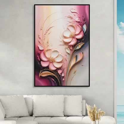 Elegant Fuchsia Blossoms Pink Abstract Sitting Room - Black Canvas Wall Art