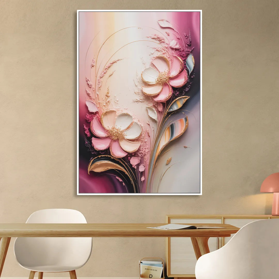 Elegant Fuchsia Blossoms Pink Abstract Sitting Room - White Canvas Wall Art
