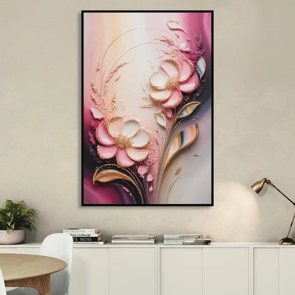 Elegant Fuchsia Blossoms Pink Abstract Living Room - Black Canvas Wall Art