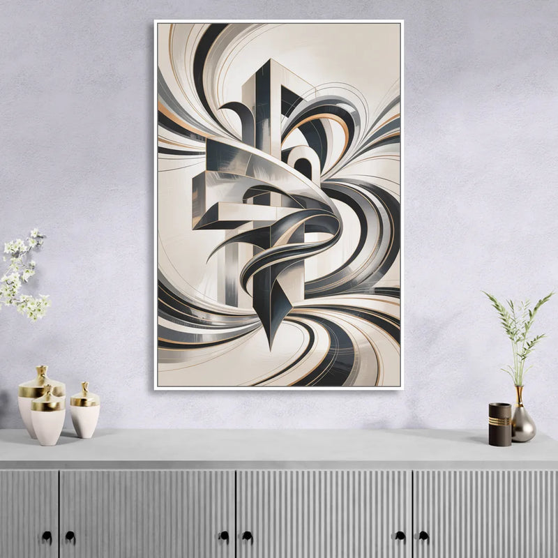 Elegant Fusion Grey and White Abstract Sitting Room - White Canvas Wall Art