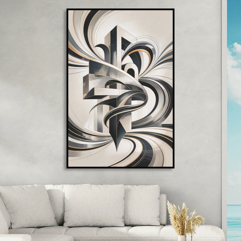 Elegant Fusion Grey and White Abstract Living Room - Black Canvas Wall Art