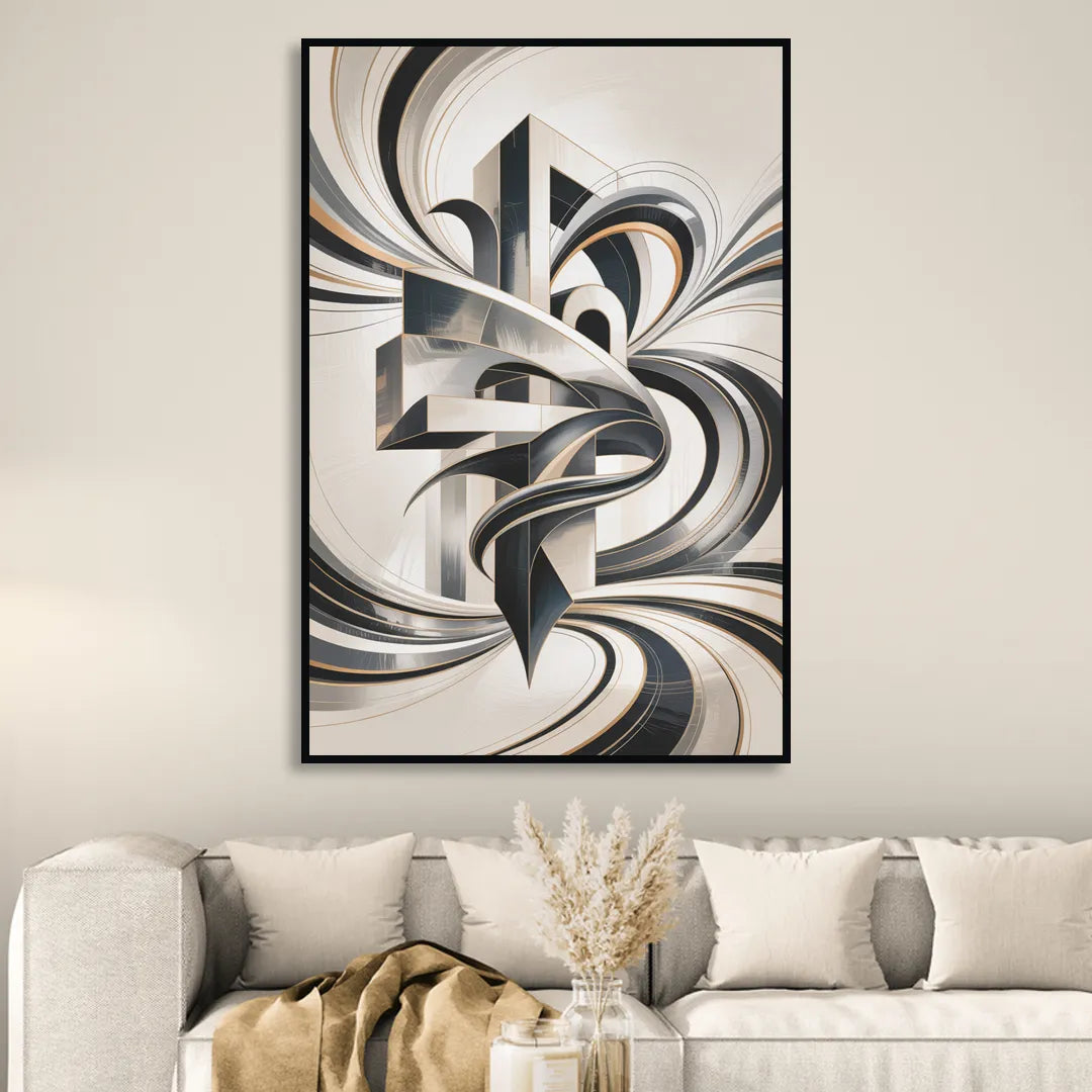 Elegant Fusion Grey and White Abstract Sitting Room - Black Canvas Wall Art