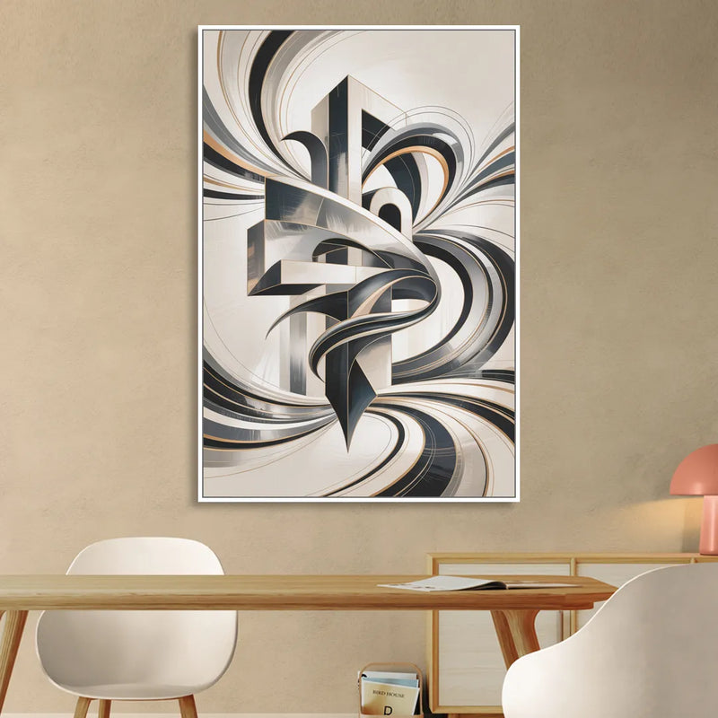 Elegant Fusion Grey and White Abstract Living Room - White Canvas Wall Art
