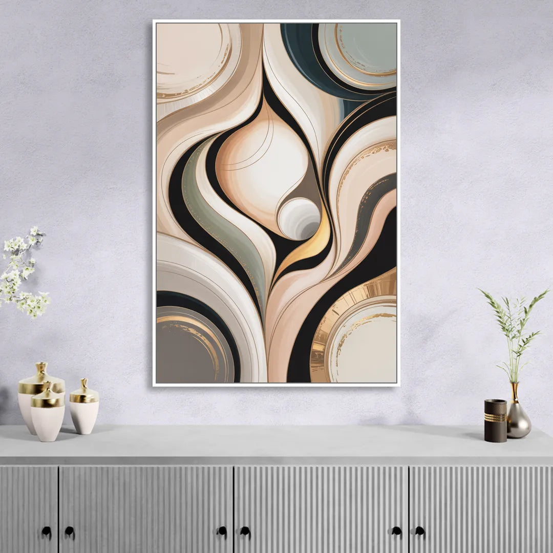 Elegant Geometric Beige Abstract Living Room - White Canvas Wall Art