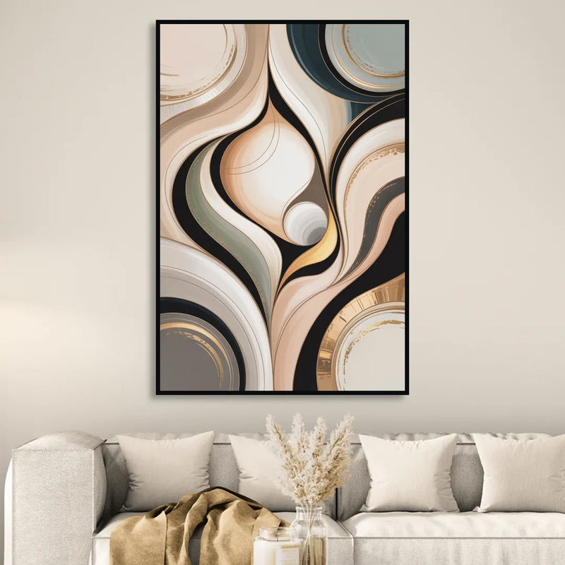 Elegant Geometric Beige Abstract Living Room - Black Canvas Wall Art
