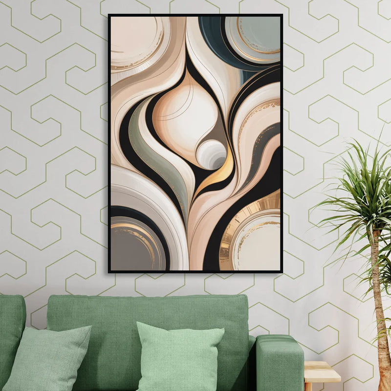 Elegant Geometric Beige Abstract Sitting Room - Black Canvas Wall Art
