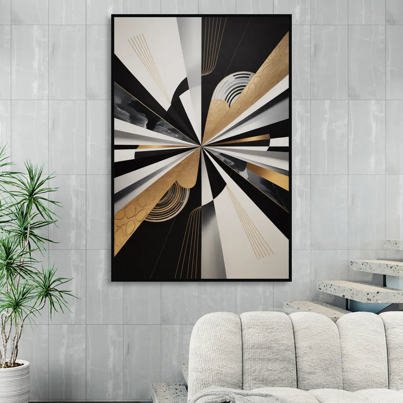 Elegant Geometric Black White and Gold Abstract Sitting Room - Black Canvas Wall Art