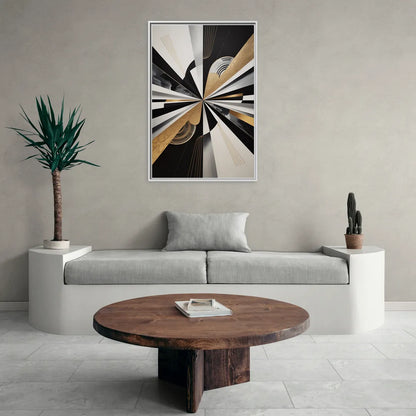 Elegant Geometric Black White and Gold Abstract - Living Room White Frame Canvas