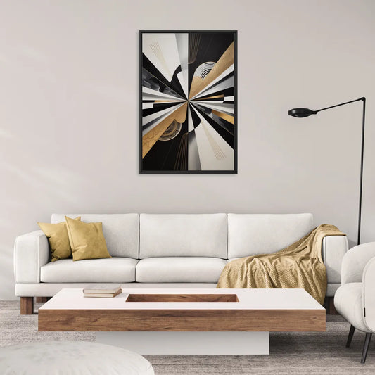 Elegant Geometric Black White and Gold Abstract - Living Room Black Frame Canvas
