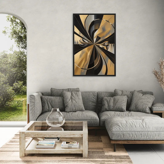 Elegant Geometric Black and Gold Abstract - Living Room Black Frame Canvas