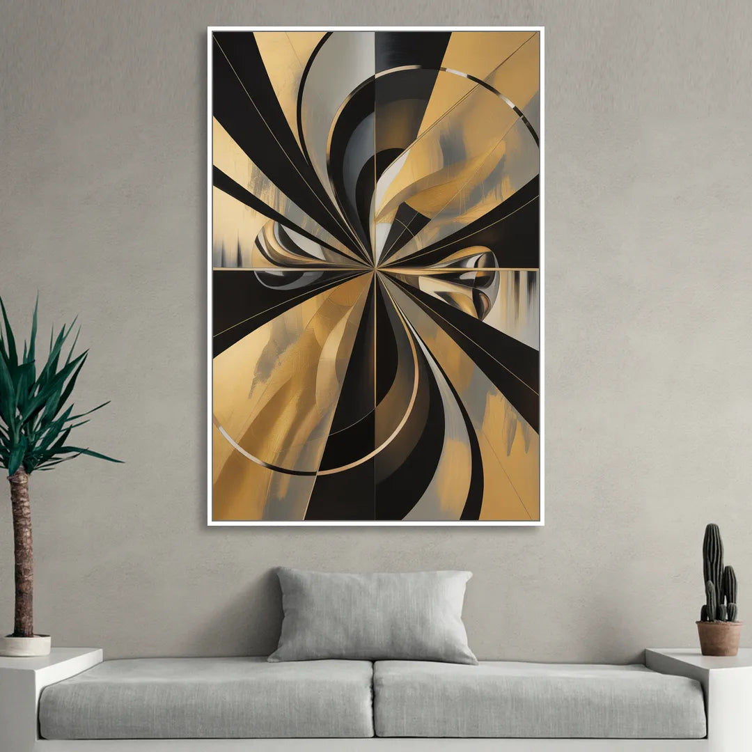 Elegant Geometric Black and Gold Abstract Sitting Room - White Canvas Wall Art