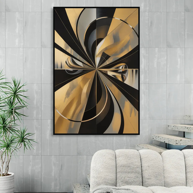 Elegant Geometric Black and Gold Abstract Living Room - Black Canvas Wall Art