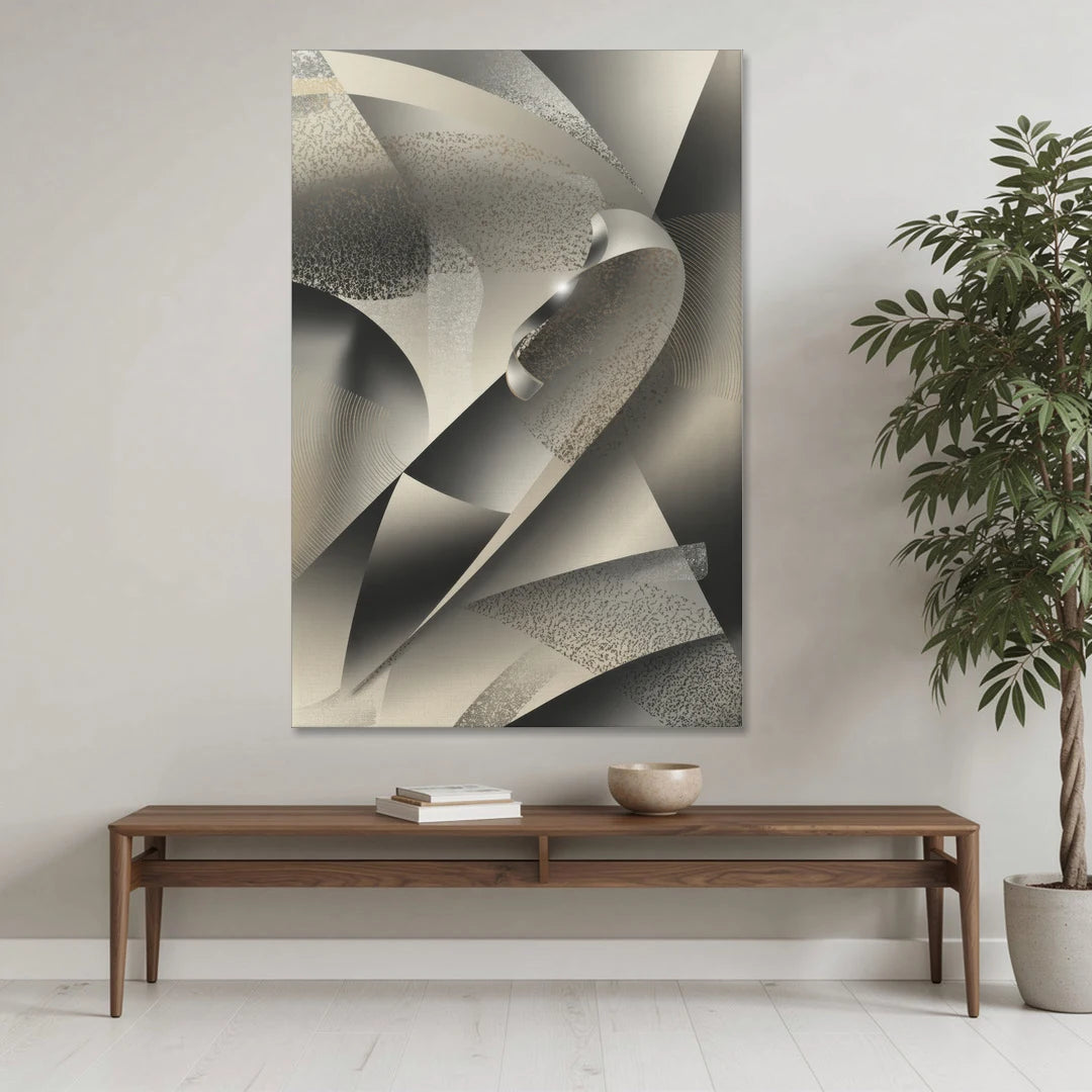 Elegant Geometric Flow Grey and Silver Abstract - Canvas Wall Art - Coffee Table - 40x60