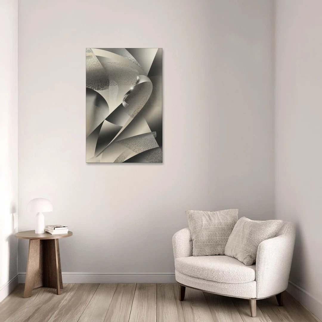 Elegant Geometric Flow Grey and Silver Abstract - Canvas Wall Art - Sofa - 24x36