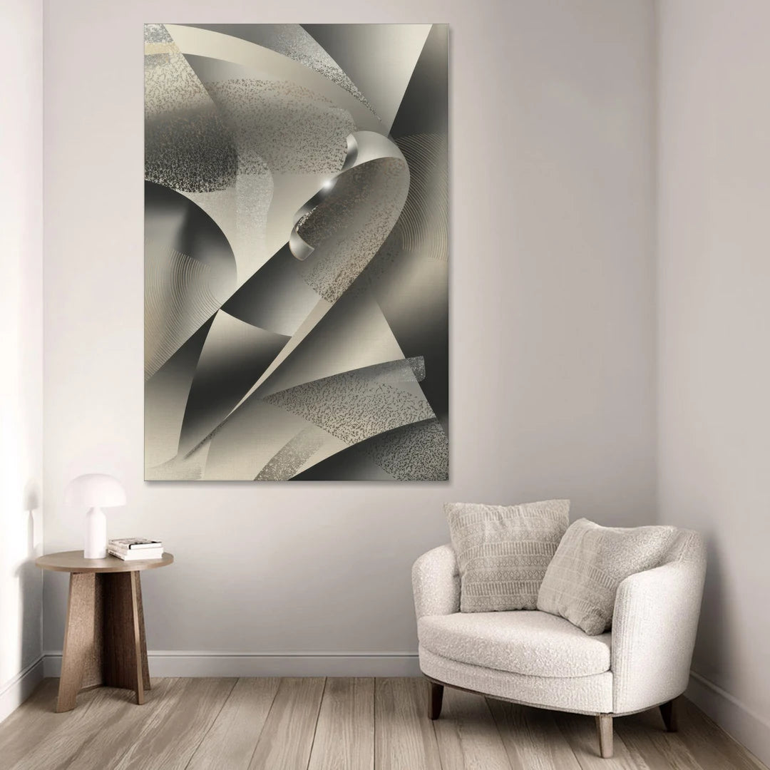 Elegant Geometric Flow Grey and Silver Abstract - Canvas Wall Art - Sofa - 40x60