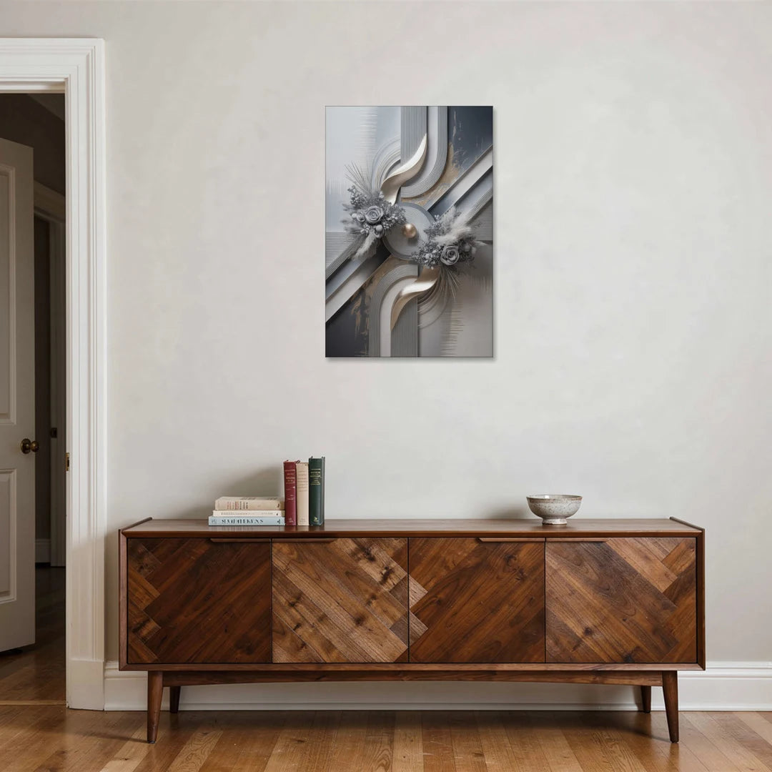 Elegant Geometric Grey and Silver Abstract - Canvas Wall Art - Coffee Table - 24x36