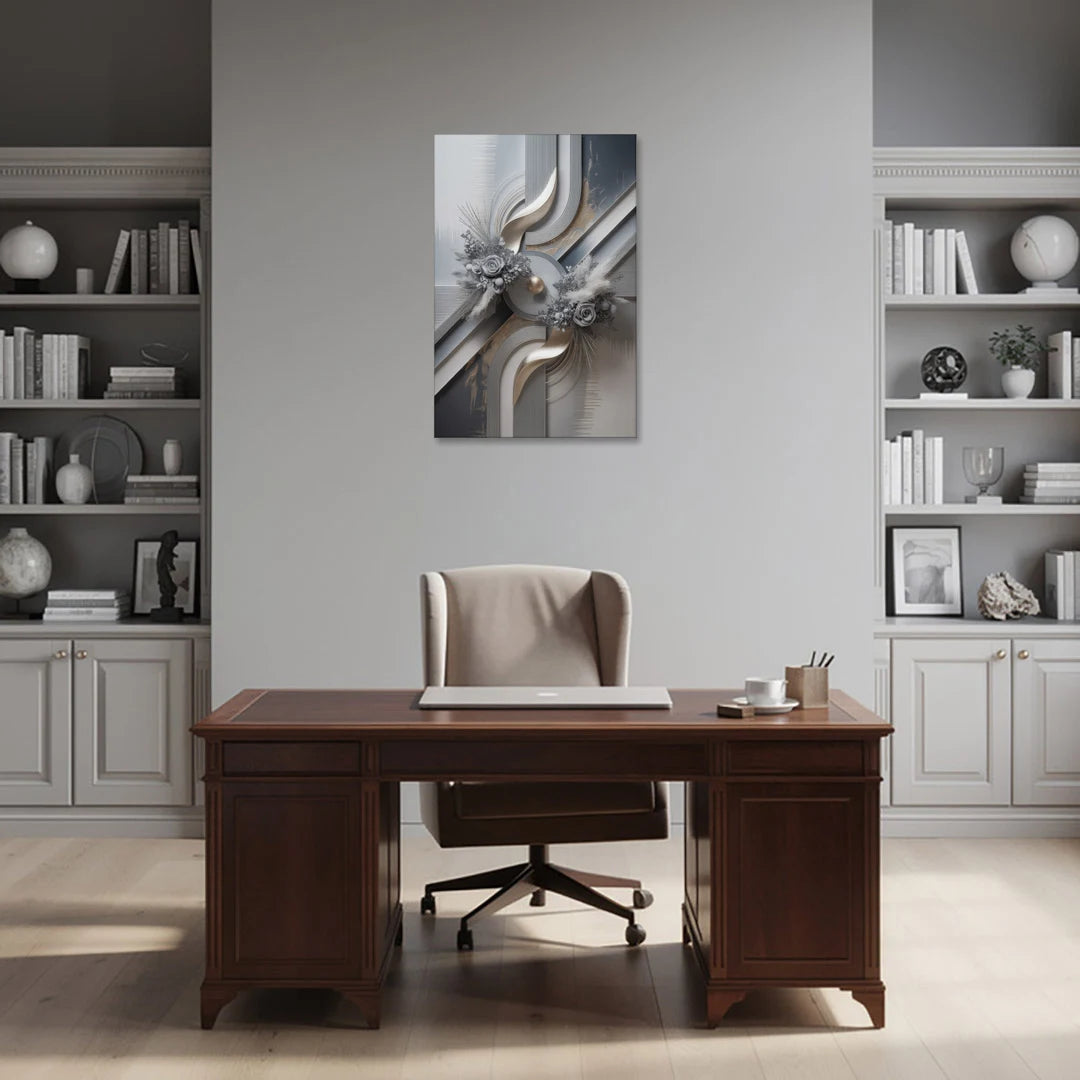 Elegant Geometric Grey and Silver Abstract - Canvas Wall Art - Office - 24x36