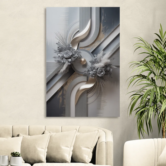Elegant Geometric Grey and Silver Abstract Living Room - Canvas Wall Art