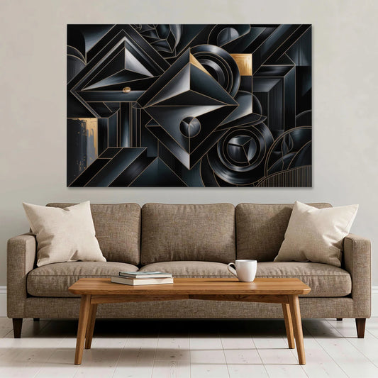 Elegant Geometric Harmony Black Abstract - Canvas Wall Art - Sofa - 60x40