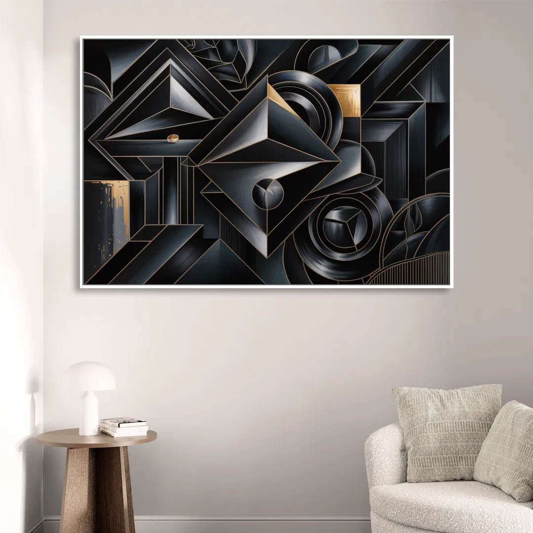 Elegant Geometric Harmony Black Abstract Living Room - White Canvas Wall Art