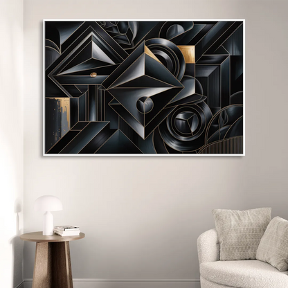 Elegant Geometric Harmony Black Abstract Living Room - White Canvas Wall Art