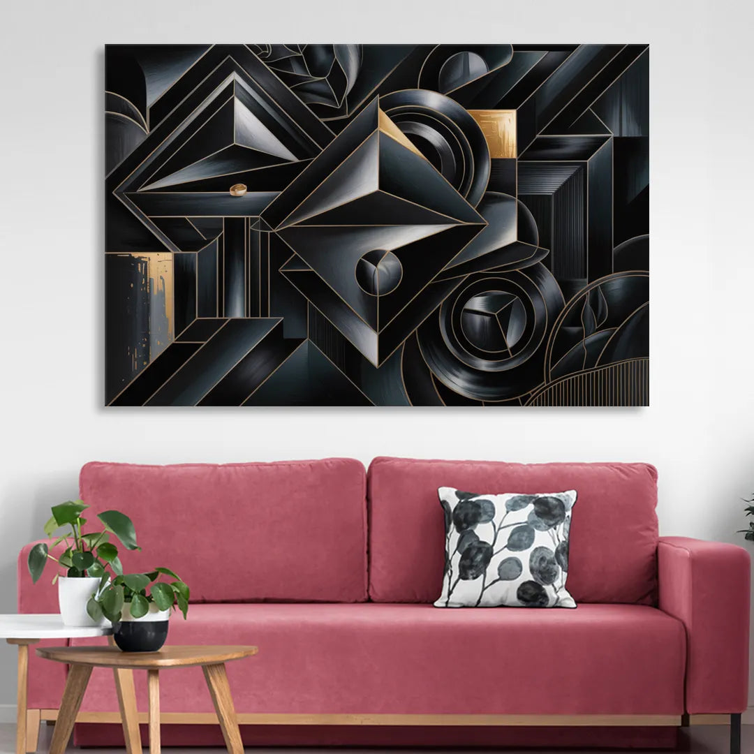 Elegant Geometric Harmony Black Abstract Sitting Room - Canvas Wall Art