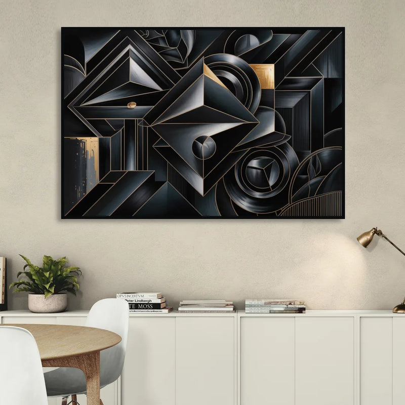 Elegant Geometric Harmony Black Abstract Living Room - Black Canvas Wall Art