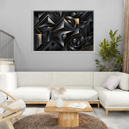 Elegant Geometric Harmony Black Abstract - Living Room White Frame Canvas