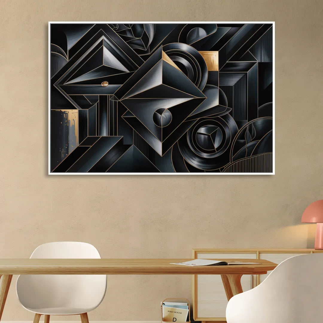 Elegant Geometric Harmony Black Abstract Sitting Room - White Canvas Wall Art