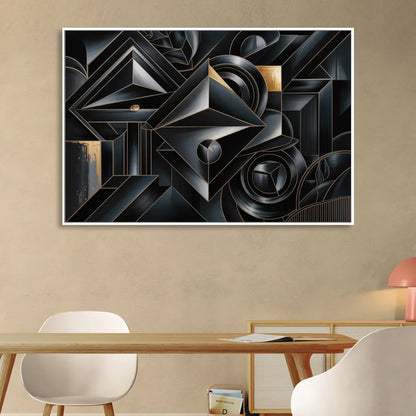 Elegant Geometric Harmony Black Abstract Sitting Room - White Canvas Wall Art