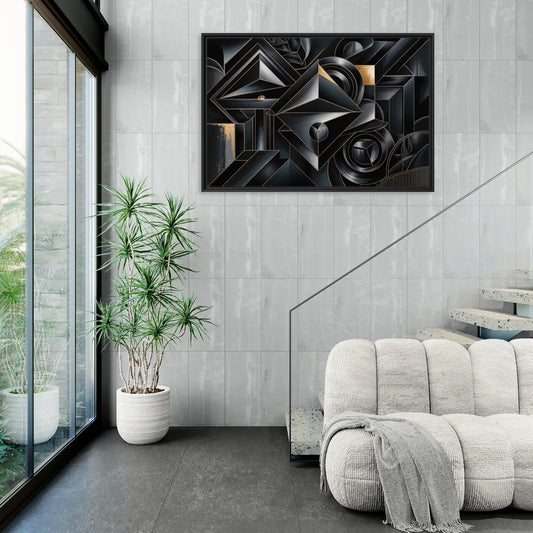 Elegant Geometric Harmony Black Abstract - Living Room Black Frame Canvas