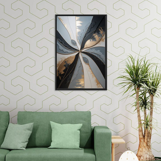 Elegant Geometric Harmony Grey Abstract - Living Room Black Frame Canvas